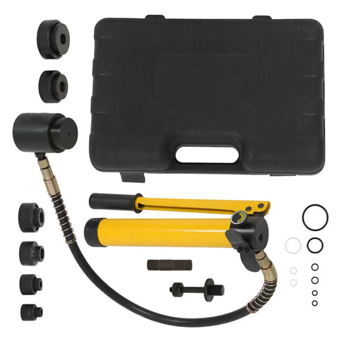 10 Ton Hydraulic Knockout Hole Punch Kit With Separable Pump and accessories displayed with carrying case