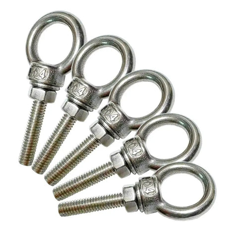 5 Piece 304 Stainless Steel Eye Bolts Set With Nuts And Flat Washers, M6 Shoulder Eyebolts, shown in side view.