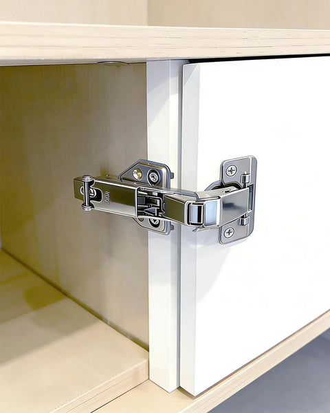 Two Pack 165 Degree Concealed Hydraulic Cabinet Hinges With Soft Close And 3D Adjustable Clip On Mounting installed on cabinet