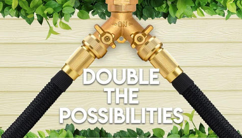 Brass 2-way garden hose splitter with dual outlets and ON/OFF valves; lead-free, heavy-duty.