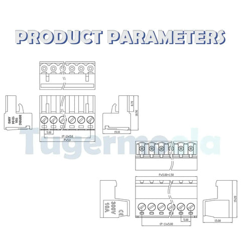 Technical drawing of 28 Sets Screw Terminal Block Connector Assortment Kit With 5.08mm Pitch Pro Grade Quality Includes 2 Pin 3 Pin 4 Pin 5 Pin Connectors For 24 To 12 AWG Cable On PCB OLA007