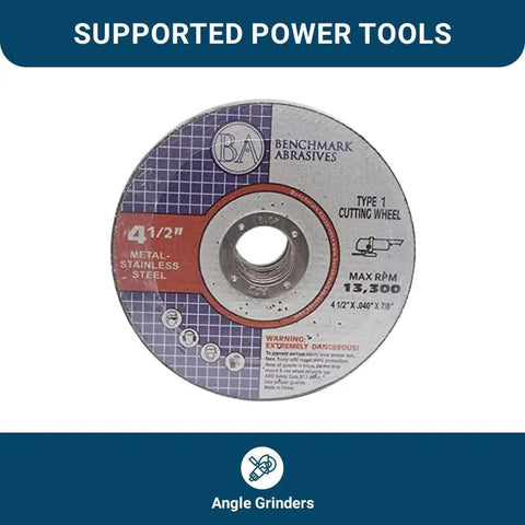 Front view of Benchmark Abrasives 4-1/2 inch Type 1 cutting wheel for metal and stainless steel with labeled packaging