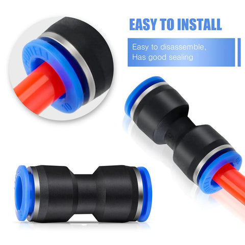 Pair of Konohan push-to-connect air hose fittings, black plastic body with blue collars and silver rings for 4–12 mm tubes