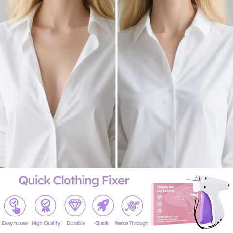 Comparison of a shirt before and after using a Handheld Tagging Gun For Clothing And Quick Stitch Gun Kit with 6 Needles 2000 Fasteners.