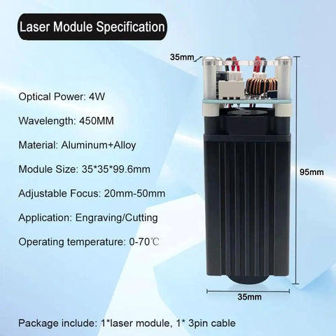 4W Laser Engraver Module With Adjustable Focus For DIY Wood Paper Leather Projects, 450nm Class 4 Laser, side view