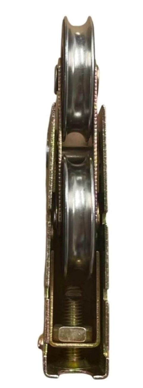 Side view of Sliding Glass Door Tandem Roller Replacement Kit With Precision Bearing Stainless Steel Wheels For Ultra Smooth Glide Three And One Eighth Inches Long By One And One Half Inches High Beefed Up Heavy Duty Patio Door Roller System For Seamless Sliding.