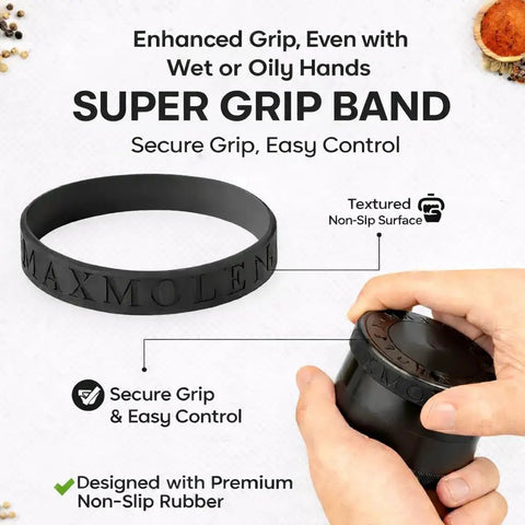 3 Inch Large Spice And Seasoning Grinder With Dual Grind Plates shown with a super grip band for easy control and secure grip.