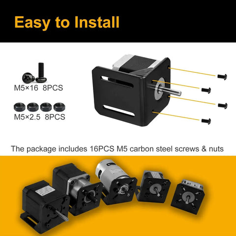 Nema 23 Stepper Motor Mounting Bracket Set Two Pack Alloy Steel L Shaped Fixed Mounts For High Precision Geared Motors Includes Screws And Nuts 57mm Beefed Up Industrial Grade Mounting Solution For Stable Accurate Motion And Easy Assembly, showing included screws and nuts, easy installation diagram, and various motor examples.