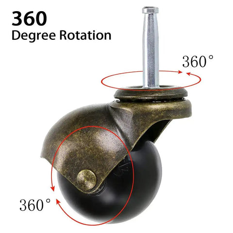 Four Pack 2 Inch Stem Casters With Antique Ball Wheel And Insert Sockets For Sofas, Chairs, And Cabinets Replacement Mounting Stem 8 Millimeter By 38 Millimeter Heavy Duty Polypropylene And Steel 88 Pounds Load Per Caster Smooth 360 Degree Rotation, close-up showing 360-degree rotation feature