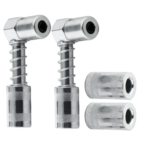 Grease gun right-angle couplers with sleeves; 4-piece set including two couplers and two sleeves.