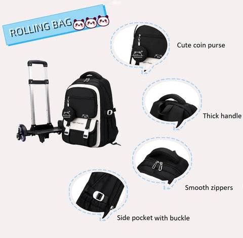 Kids Rolling Backpack With Wheels For School, Durable Water Resistant Nylon Trolley Bookbag For Boys And Girls with features highlighted