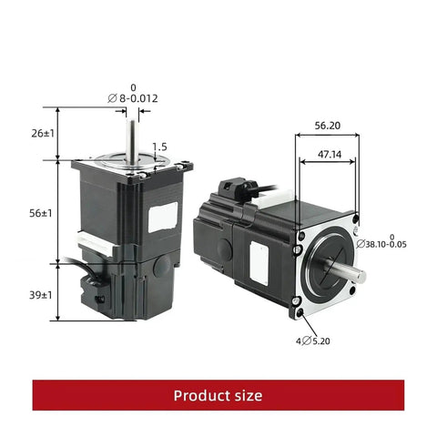 Black NEMA23 stepper motor with brake, 2-phase, 4-lead; front and side views with 56mm mounting