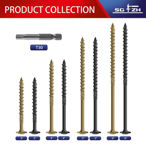 Assorted bronze and black lag screws with T30 bit, showing various sizes, part of Heavy Duty 6 Inch Lag Screws Kit For Outdoor Wood And Structural Fastening Bronze Carbon Steel Washer Head Rust Resistant Epoxy Coated T30 Star Bit 96 Pieces 4 Lb Total Weatherproof Long Lasting Exterior Screws.