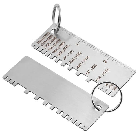 Stainless Steel Thickness Gauge For Welding And Metal Fabrication Pro Grade DIY Friendly Tool Measures 24GA 22GA 20GA 18GA 16GA 14GA On Steel Sheet And Wire displayed on a keyring