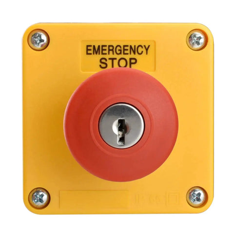 Front view of Red Weatherproof Emergency Stop Push Button Switch 660V 10A With Box And Key 1NO 1NC mounted on yellow box.