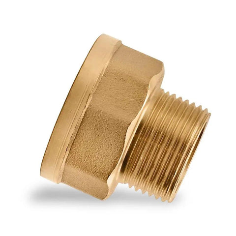 Side view of Brass Adapter Nipple Three Quarters Inch Male To One Inch Female Pipe Fitting NPT Connector for plumbing.