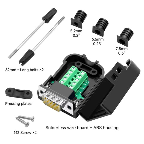 DB9 Breakout Connector for RS232 and RS485, Solderless D Sub Adapter with case, screw terminals, long bolts, pure copper contacts
