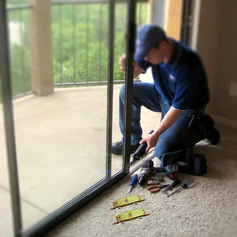 Person installing 2 Pack Sliding Patio Door Roller Assembly With 1-1/4 Inch Steel Ball Wheel Bearing Side Adjustable Replacement