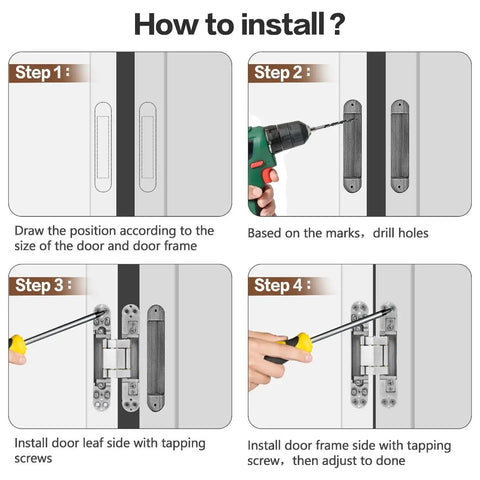 Installation guide for Hidden Door Hinges 7 Inch Stainless Steel Concealed Hinges showing steps to drill and screw.