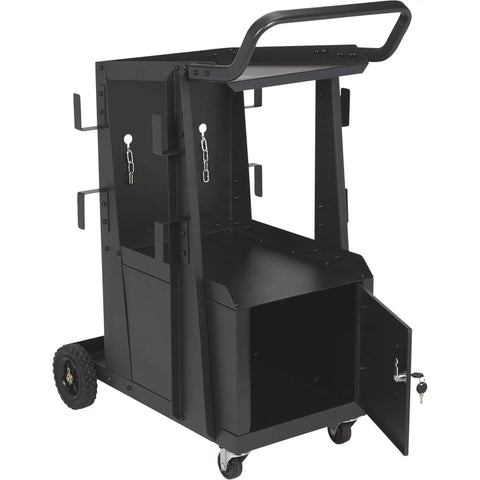 Side view of Two Tier Welding Cart With Locking Cabinet, Heavy Duty Shop Organizer, 31 In Long By 19 In Wide By 38 In High, showing cabinet open.