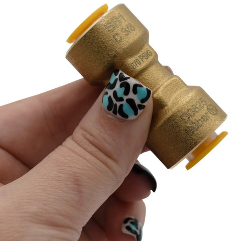 Brass SB1 3/8 in quick-connect HVAC coupler with yellow end caps