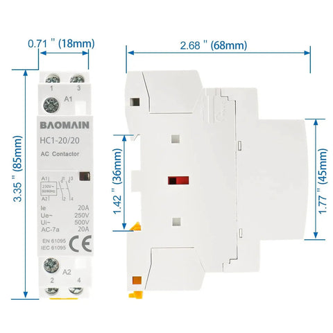 Front and side view of AC Contactor 230V 20A 2 Pole 2NO Din Rail Mount Magnetic Contactor with dimension details.