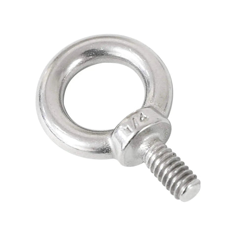 Close-up of 4 Pack 316 Stainless Steel One Quarter Inch UNC Eye Bolts With Shoulder Lifting Rings, marine grade and corrosion resistant.