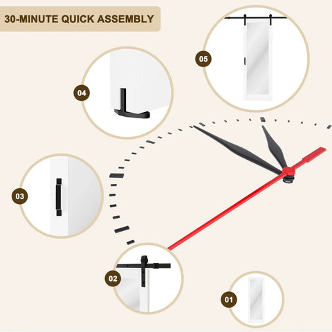 Illustration of Space-Saving Barn Door With White Primed Glass Mirror Panel And Solid Wood Frame, installation hardware, clock overlay