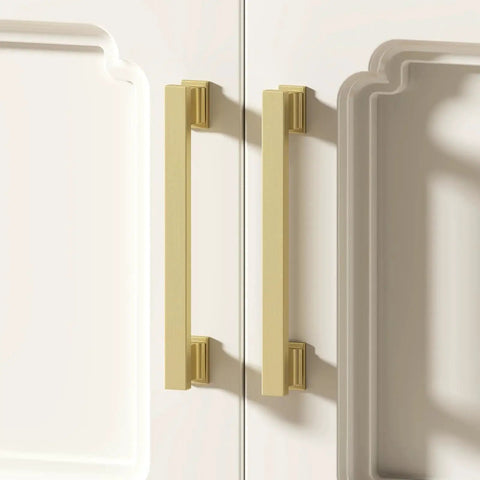 Gold Brushed Cabinet Handle Set Of 20 With Five Inch Center To Center Square Pulls installed on white cabinet doors.