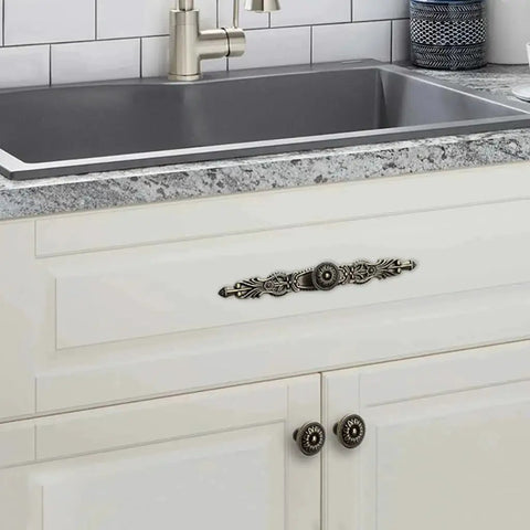 Antique Bronze Cabinet Pulls With Plate, 6.5 Inch Zinc Alloy Handles Set Of Six Installed on Kitchen Drawer