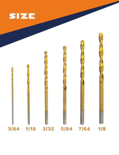 Sizes of yellow drill bits displayed for the Mini Drill Bit Set With 60 Pcs And 12 Free HSS Titanium Micro Drill Bits For Metal Plastic And Wood.