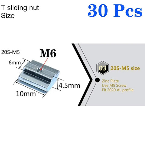 Set Of 30 2020 Series Sliding T Nuts M6 Thread Hammer Head T Nut, zinc plated, shown with dimensions for 6mm T slot aluminum extrusion