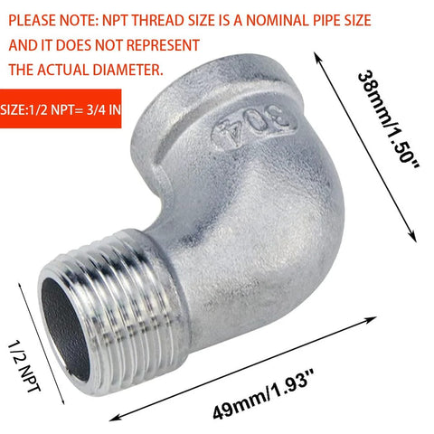 Pipe elbow fitting, 90-degree, 1/2 in NPT, female to male, 304 stainless steel, 2-pack