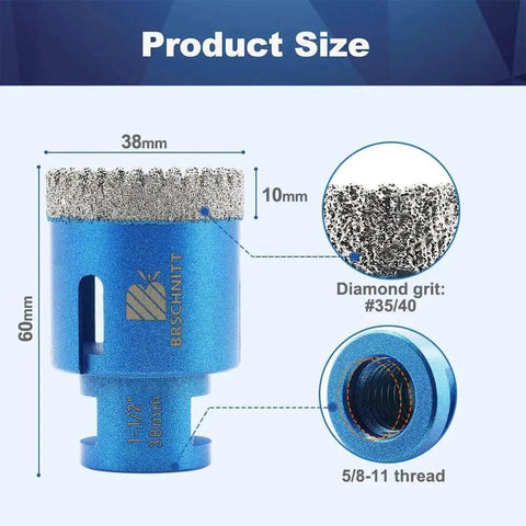 1-1/2 Inch Vacuum Brazed Diamond Core Hole Saw Drill Bit For Dry Drilling Through Porcelain Tile Ceramic Marble Granite And Concrete 38mm Core 10mm Diamond Height 60mm Total Length 5/8-11 Thread BRSCHNITT showing size and thread