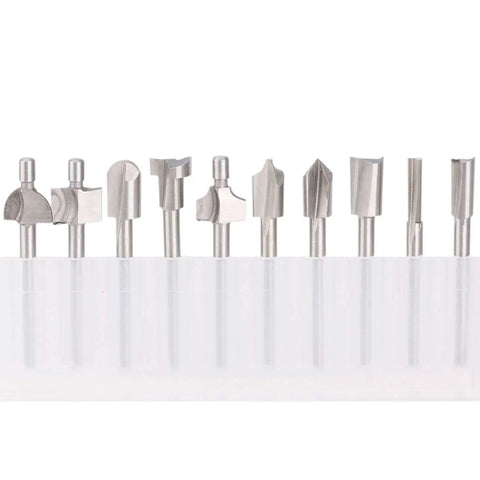 10 Piece High Speed Steel HSS Router Bits Set With 1 8th Inch Shank 3mm for rotary tools, displayed standing in a row