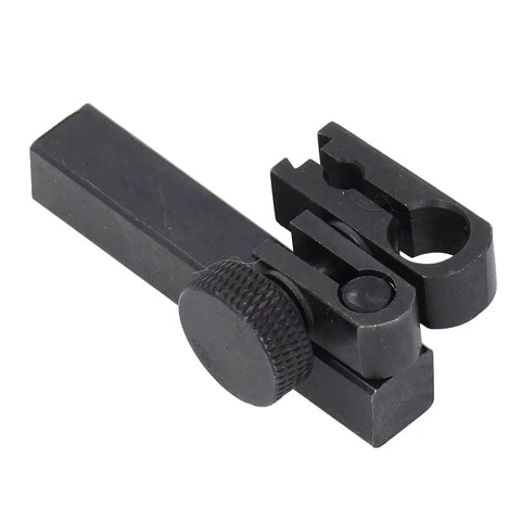 Side view of black Klanata dial test indicator height holder with sleeve clamp; 9x9x50mm bar and 8mm hole attachment.