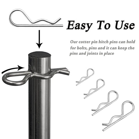 60 Pc Cotter Pin Hair Pin Kit With Zinc Plated R Clips For Hitch Pin Lock Systems shown securing a rod in automotive use.