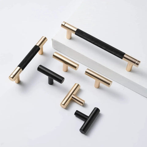 12 Pack Knurled Cabinet Handles 5 Inch Hole Center 6.2 Inch Length Aluminum Pulls Gold And Black Oxidation Finish on display