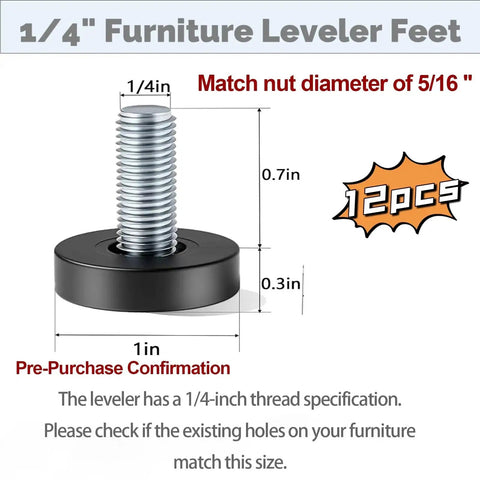 Adjustable One Quarter Inch Threaded Furniture Feet Pack Of 12 Screw In Leveling Feet for tables with 1/4 inch UNC thread