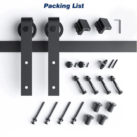 Five Foot Heavy Duty Sliding Barn Door Hardware Track Kit With J Pulley Ball Bearing Rollers and screws, parts in view