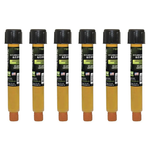 Six 0.5 Oz Universal Ester EZJect AC Dye Cartridges Green Glow for R1234yf arranged in a row, labeled for A/C use.