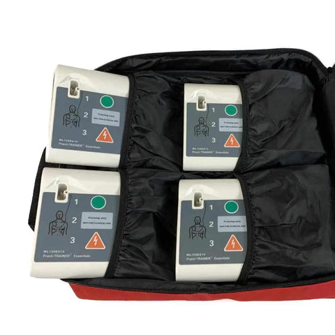 Four Pack AED Defibrillator Training Kit For Hands On Practice Use Only with reusable pads inside nylon carrying case
