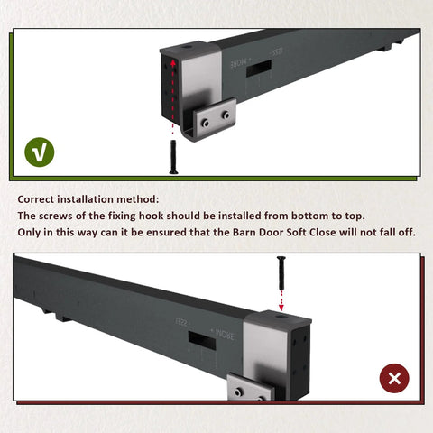 Stainless Steel Barn Door Soft Close Mechanism Kit With Adjustable Tension Spring Damper And Included Actuator Spacers, correct installation method and incorrect installation method shown.