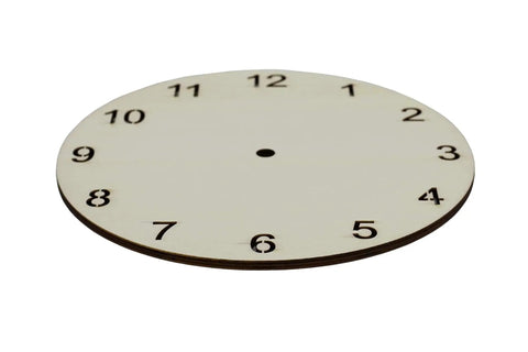Unfinished Wood Clock Face for Crafts 9 Inch Round Blank with Laser Cut Numerals, side view on white background.