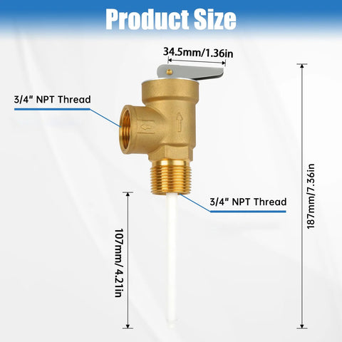 Brass temperature and pressure relief valve with lever and extension probe, 3/4 in NPT threads, all-brass body, CSA listed