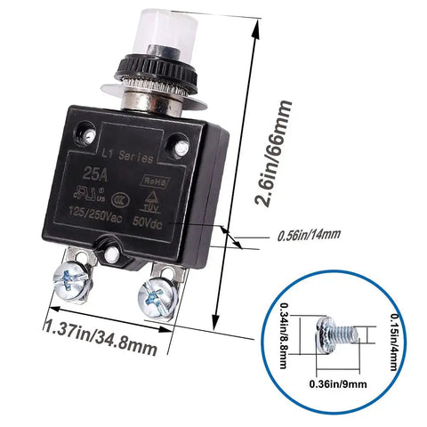 Two Pack 20A Push Button Resettable Circuit Breakers For 125 To 250V AC And 50V DC L1 Series Thermal Overload Protectors