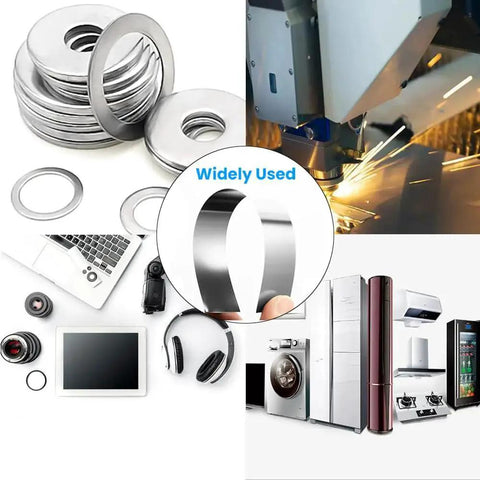 30 Piece 304 Stainless Shim Stock Set 1 Inch By 6 Inch With 10 Thicknesses shown in various industrial and household applications.