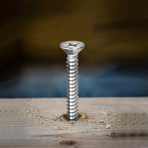Size 14 Wood Screws Two And Three Quarter Inch 100 Count Stainless Steel 304 Self Tapping Flat Head Phillips shown in wood