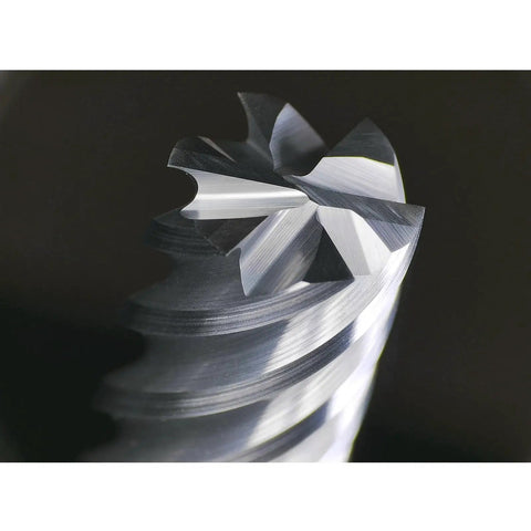 Close-up of Carbide End Mill 6 Flute Square Milling Cutter With 50 Degree High Helix For High Hardness Steel Finishing Balzers PVD Coated