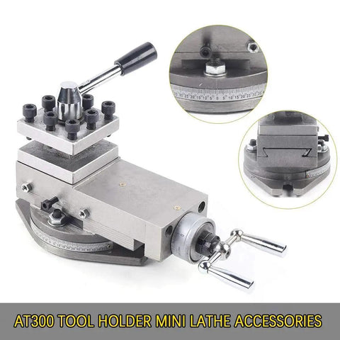 Pro Grade AT300 Mini Lathe Tool Rest Assembly With Quick Change Tool Post Holder shown with metal components and handles
